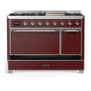 ILVE Majestic III 48-inch Dual Fuel Range with 5 Natural Gas Burner, Griddle and Solid Door Electric Oven in Burgundy with Chrome Trim (UM48FQNR3BUC)