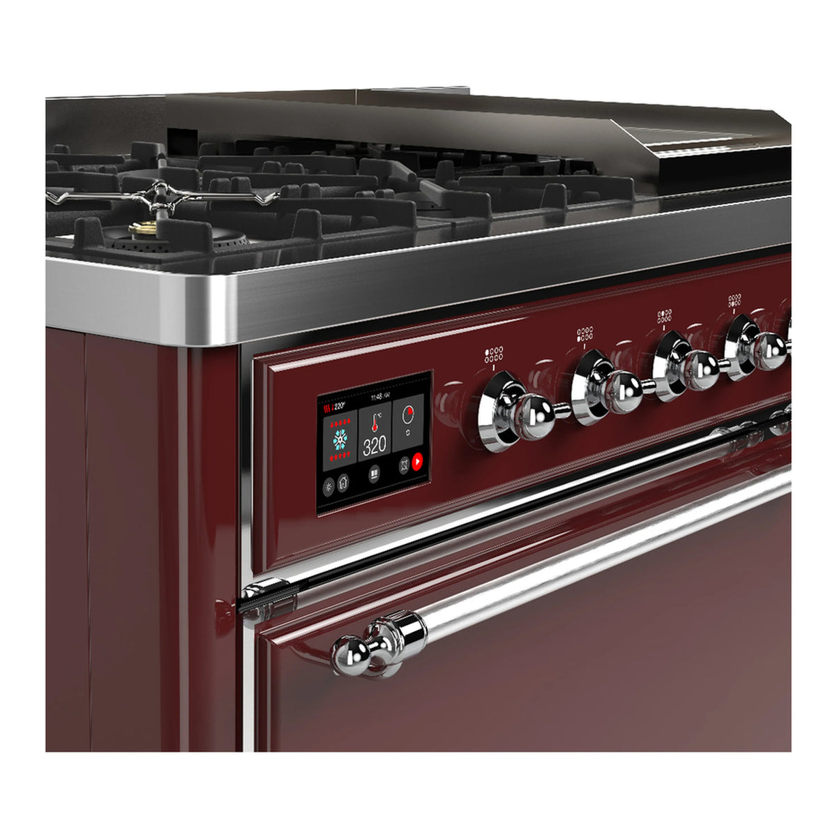 Dual fuel range control panel and chrome knobs with digital display on burgundy face