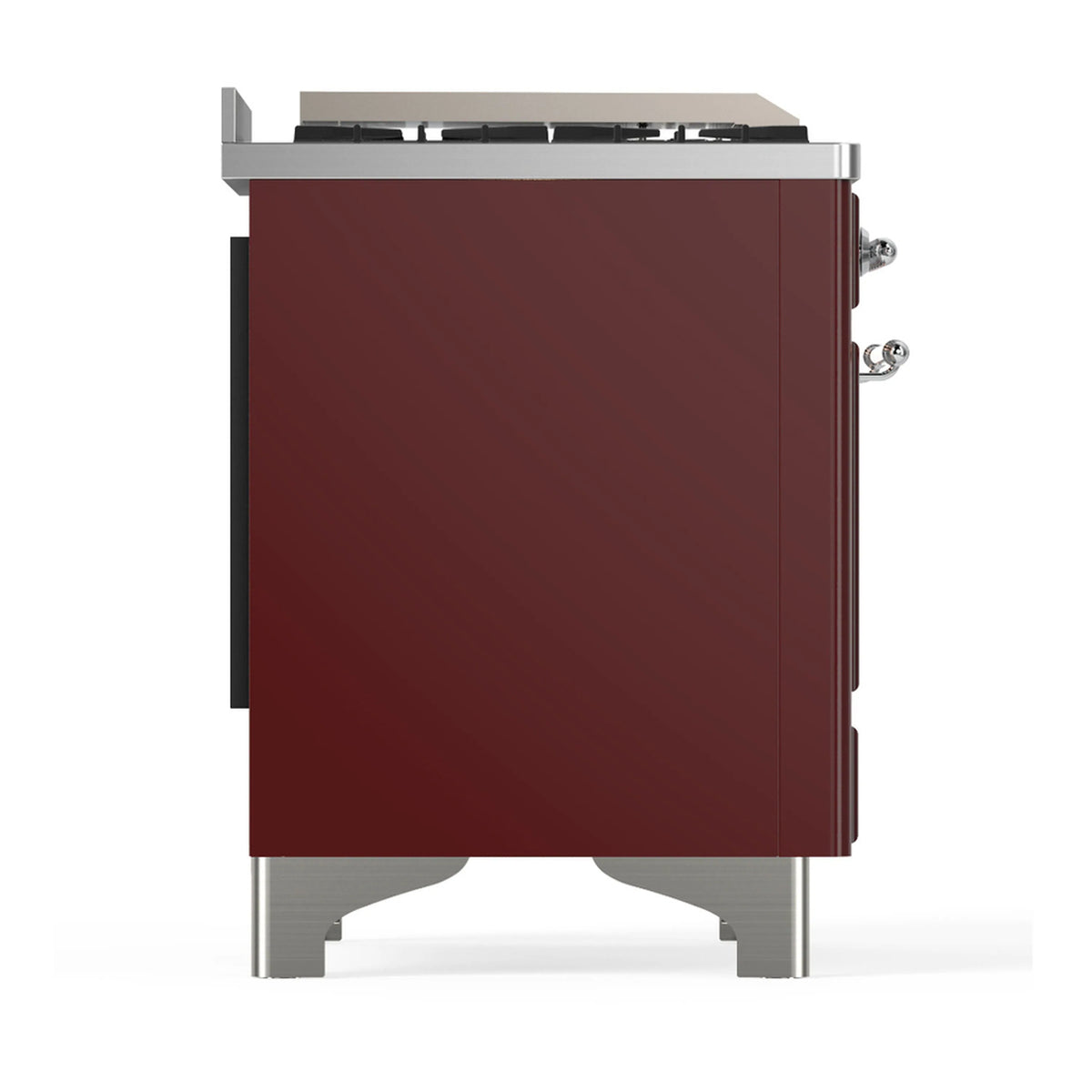 Burgundy ILVE dual fuel range side/back panel with chrome legs and edge details
