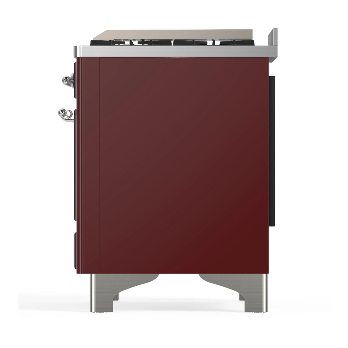 Burgundy dual fuel range side panel with chrome legs and rounded edge detail