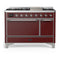 ILVE Majestic III 48-inch Dual Fuel Range with 5 Natural Gas Burner, Griddle and Solid Door Electric Oven in Burgundy with Chrome Trim (UM48FQNR3BUC)