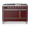 ILVE Majestic III 48-inch Dual Fuel Range with 5 Liquid Propane Burner, Griddle and Solid Door Electric Oven in Burgundy with Chrome Trim (UM48FQNR3BUCLP)