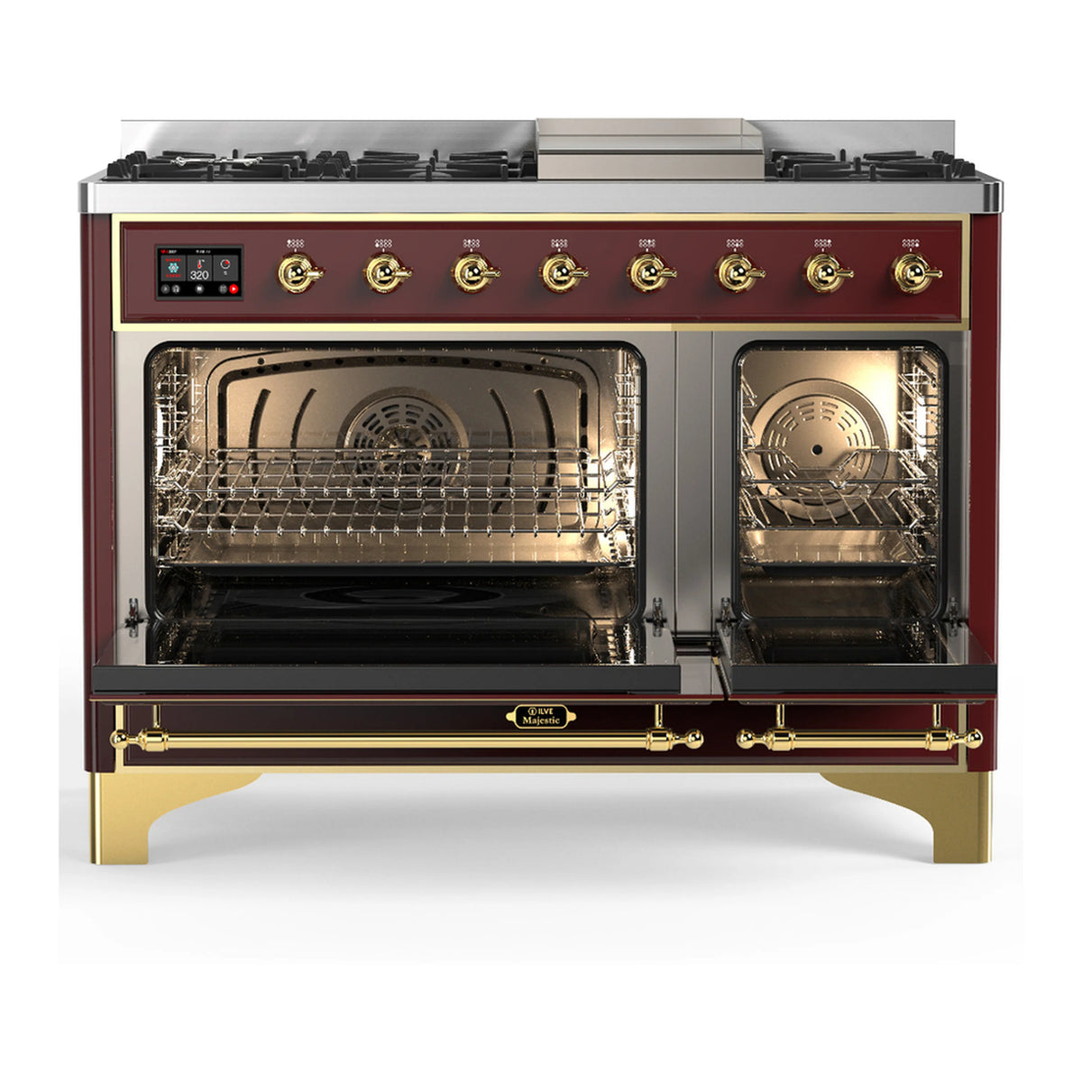 Burgundy dual fuel range with brass trim, open oven door showing racks