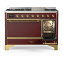 ILVE Majestic III 48-inch Dual Fuel Range with 5 Natural Gas Burner, Griddle and Solid Door Electric Oven in Burgundy with Brass Trim (UM48FQNR3BUG)