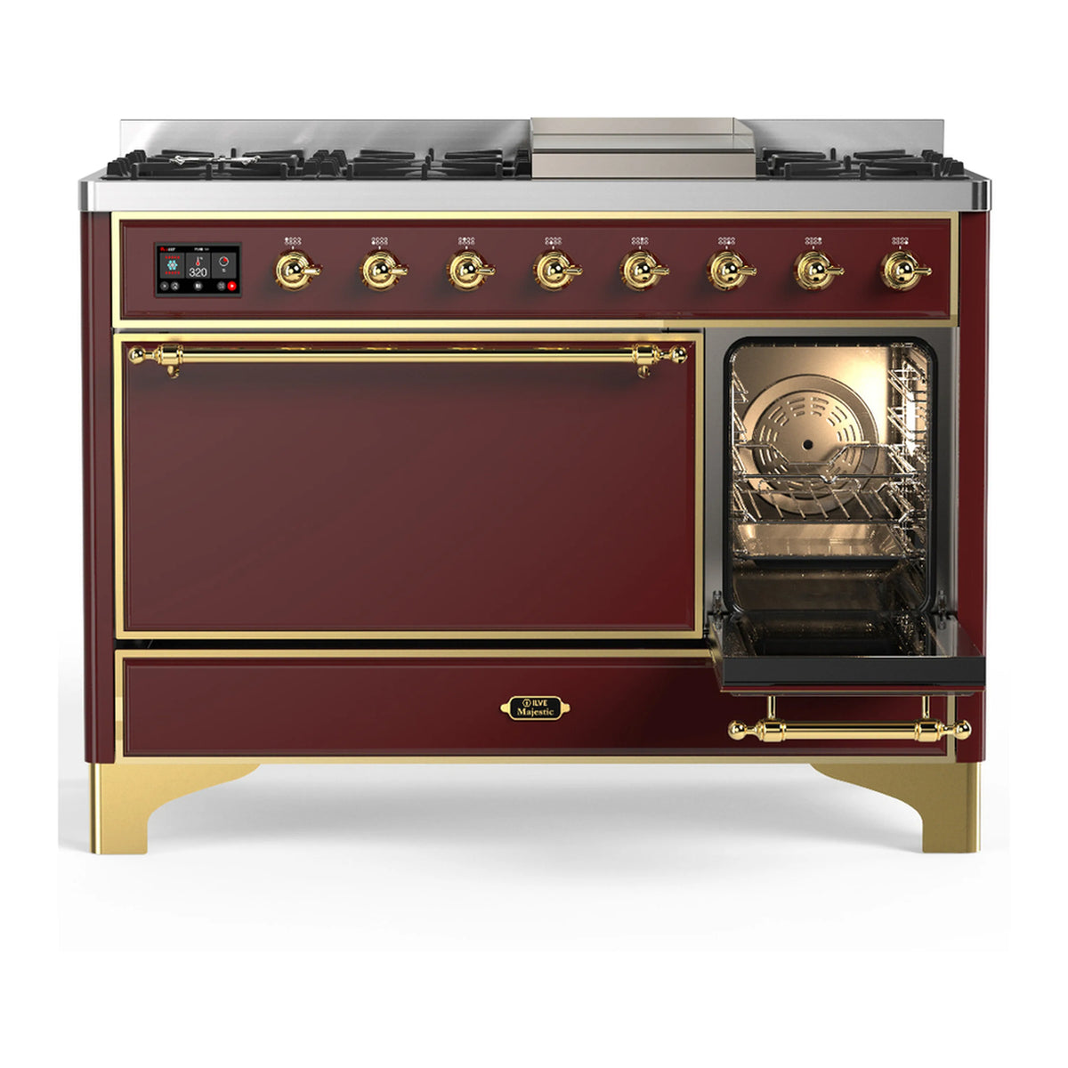 Burgundy dual fuel range with brass trim, large oven window, and control panel