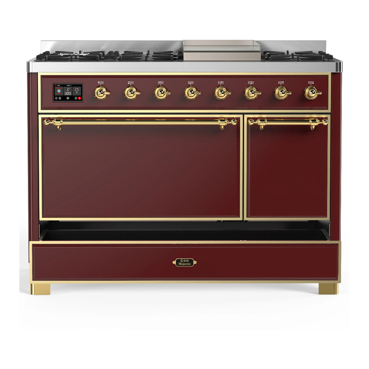 Burgundy dual fuel range with brass trim, double oven doors, and lower storage drawer