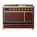 ILVE Majestic III 48-inch Dual Fuel Range with 5 Liquid Propane Burner, Griddle and Solid Door Electric Oven in Burgundy with Brass Trim (UM48FQNR3BUGLP)