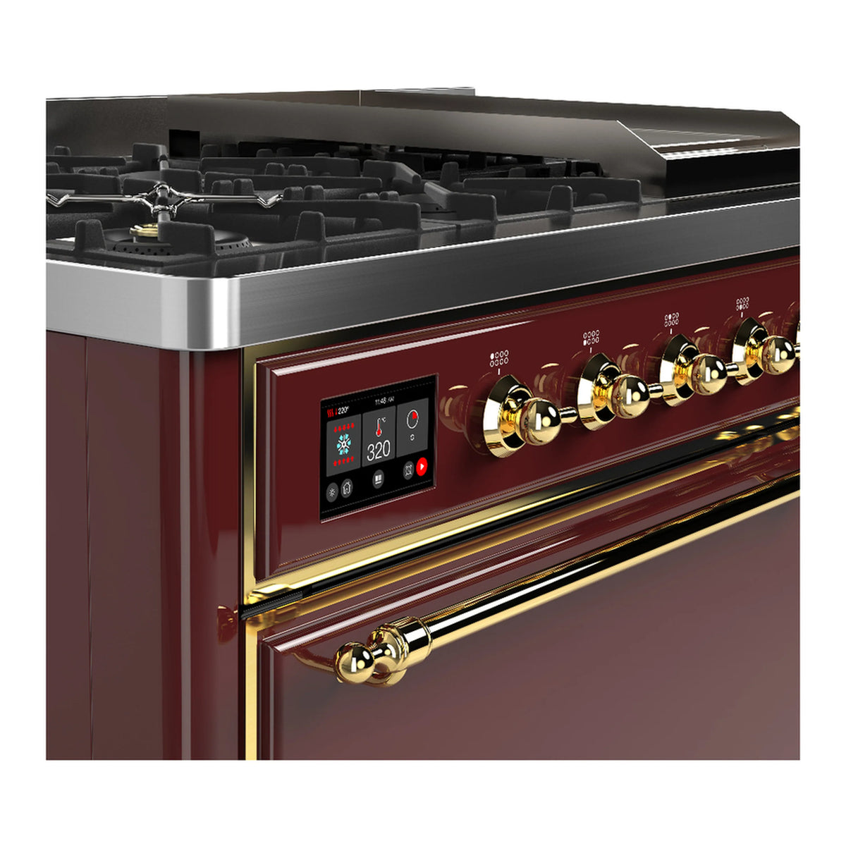 Burgundy dual fuel range with brass trim, front control panel, and burner cooktop