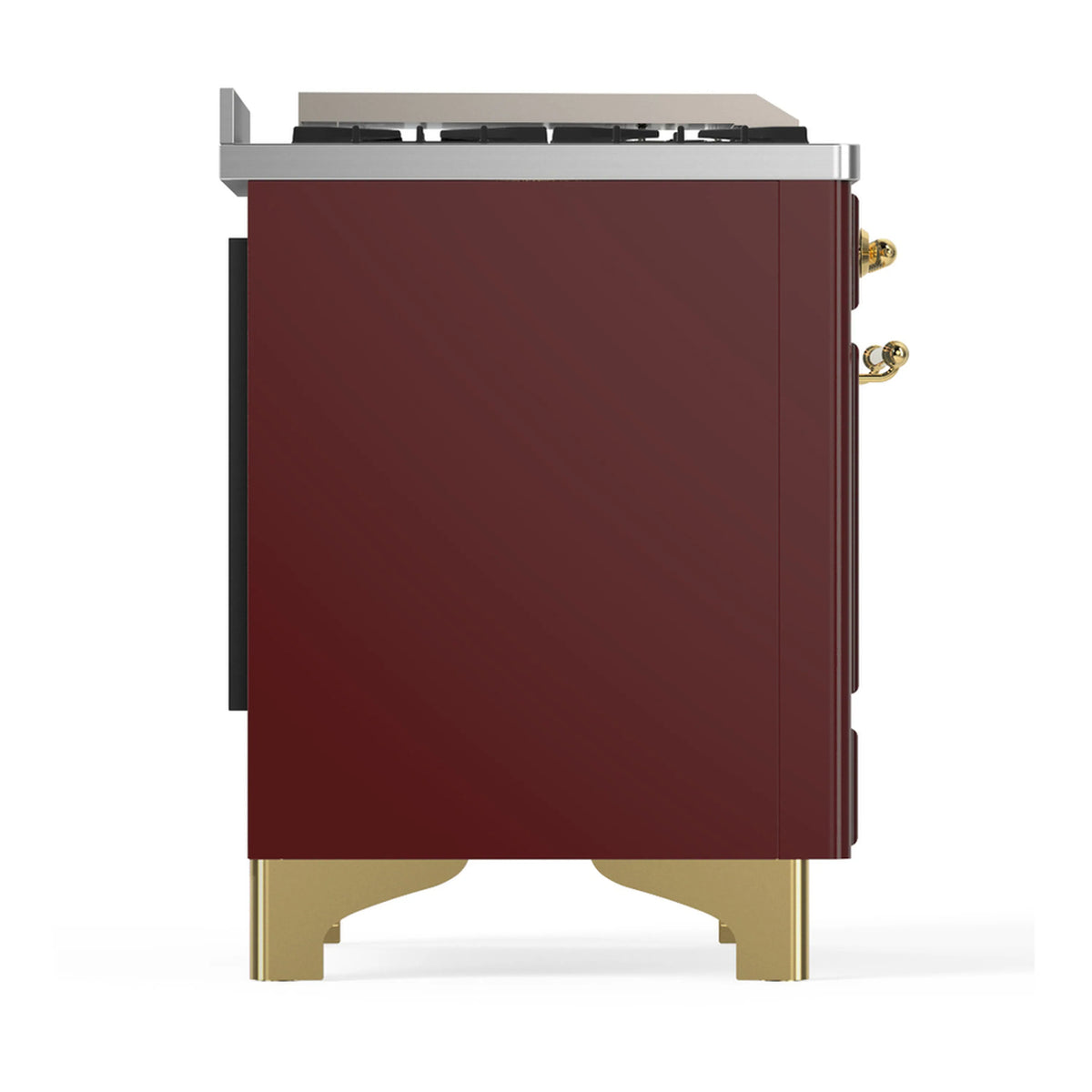 Burgundy dual fuel range side panel with brass-trimmed base and oven handle