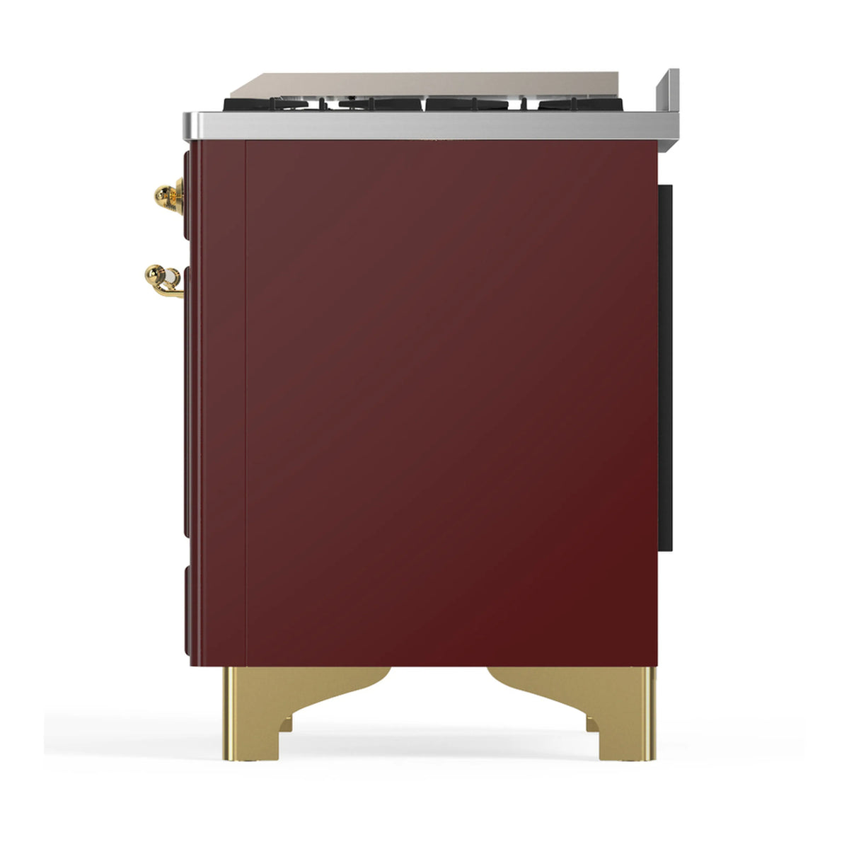 Burgundy dual fuel range rear-side view with brass-trimmed feet and side access