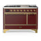 ILVE Majestic III 48-inch Dual Fuel Range with 5 Natural Gas Burner, Griddle and Solid Door Electric Oven in Burgundy with Brass Trim (UM48FQNR3BUG)