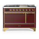 ILVE Majestic III 48-inch Dual Fuel Range with 5 Liquid Propane Burner, Griddle and Solid Door Electric Oven in Burgundy with Brass Trim (UM48FQNR3BUGLP)