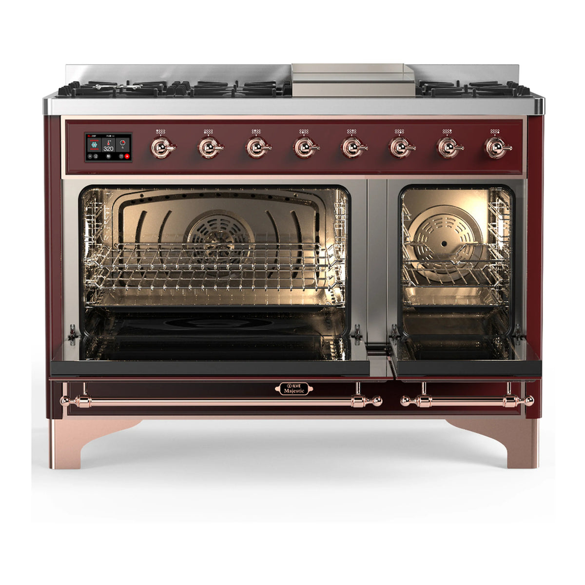 Burgundy dual-fuel range with copper trim, open ovens with racks and interior heating elements