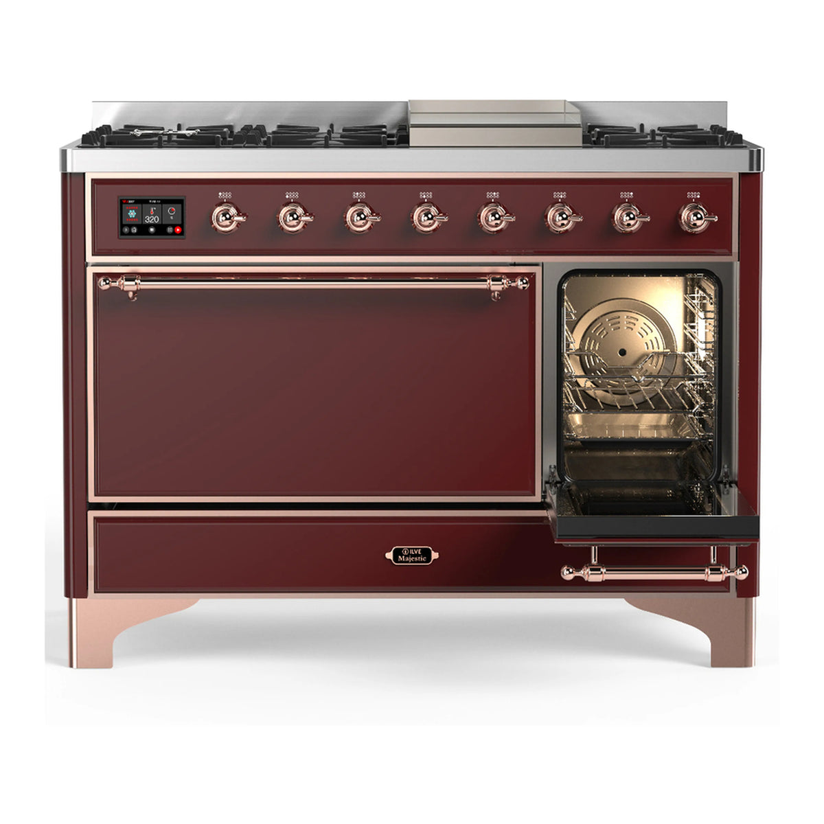 Burgundy dual-fuel range with copper trim, right oven open and lower door closed