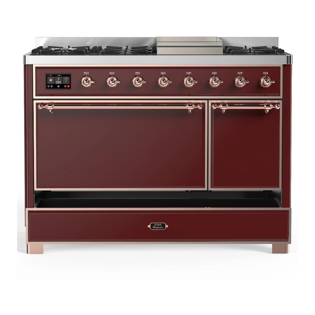 Burgundy dual-fuel range with copper trim, closed oven doors and warming drawer