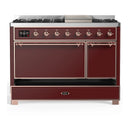 ILVE Majestic III 48-inch Dual Fuel Range with 5 Liquid Propane Burner, Griddle and Solid Door Electric Oven in Burgundy with Copper Trim (UM48FQNR3BUPLP)