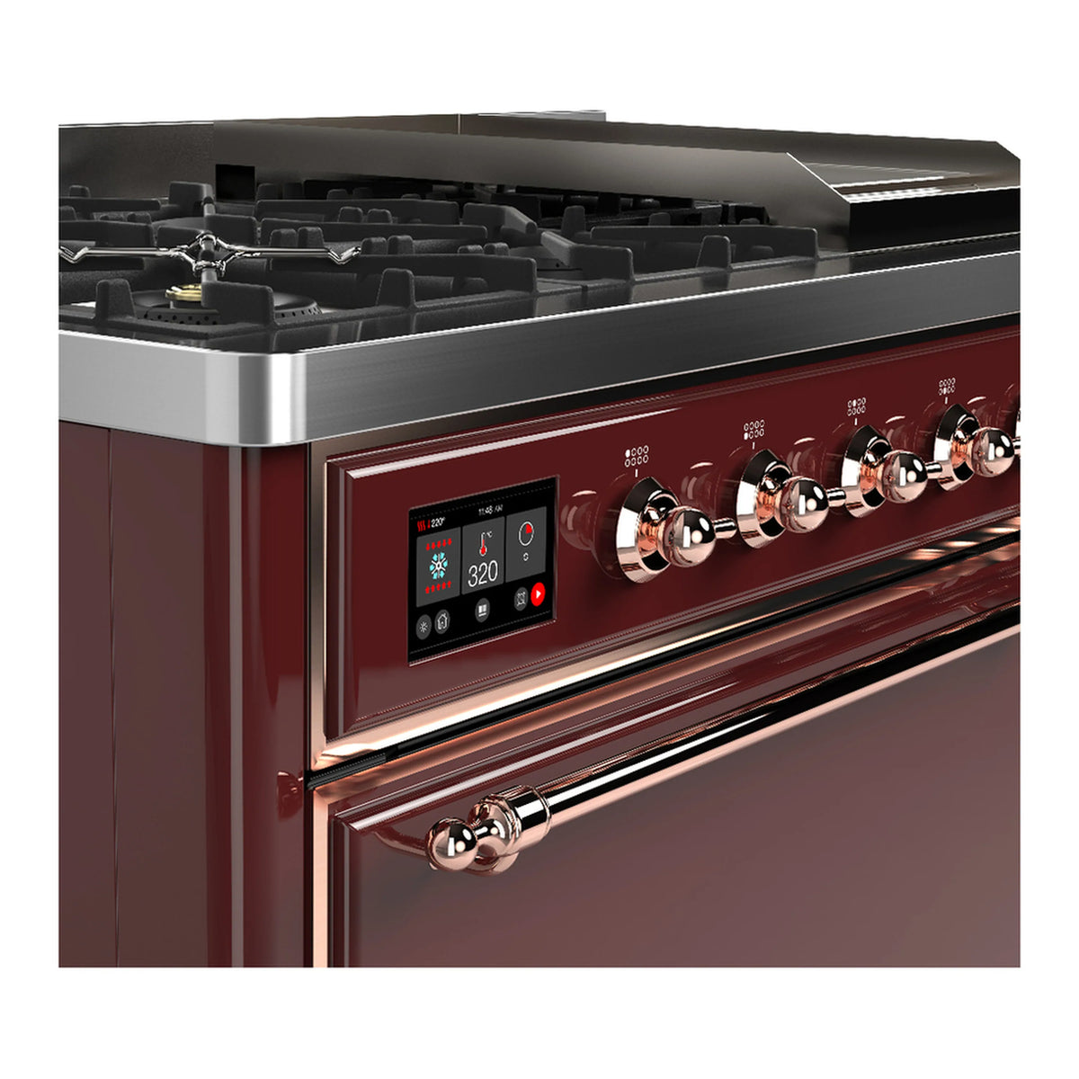 Burgundy dual-fuel range with copper trim, control display and chrome control knobs