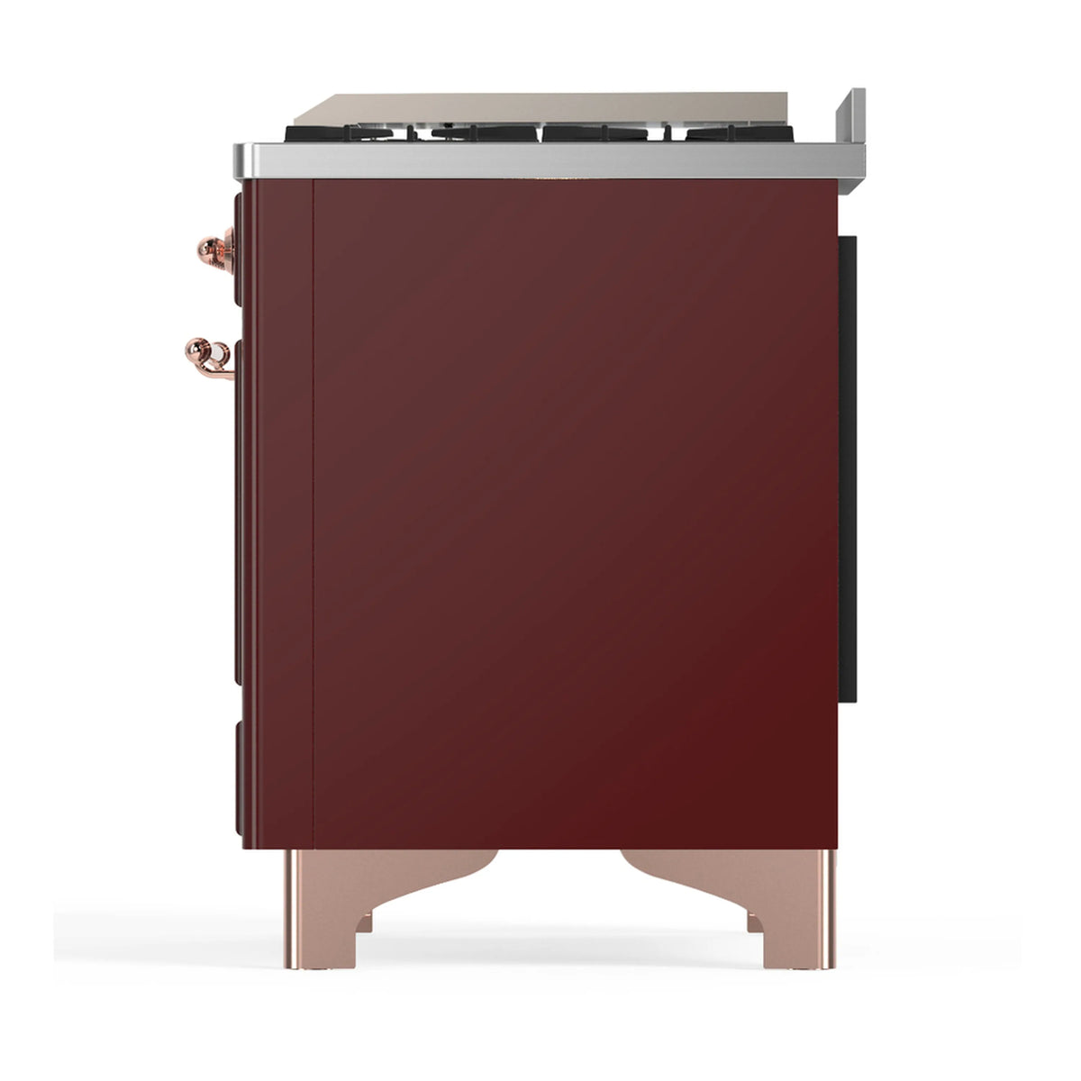 Burgundy dual-fuel range side view with copper trim and front feet