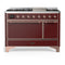 ILVE Majestic III 48-inch Dual Fuel Range with 5 Liquid Propane Burner, Griddle and Solid Door Electric Oven in Burgundy with Copper Trim (UM48FQNR3BUPLP)