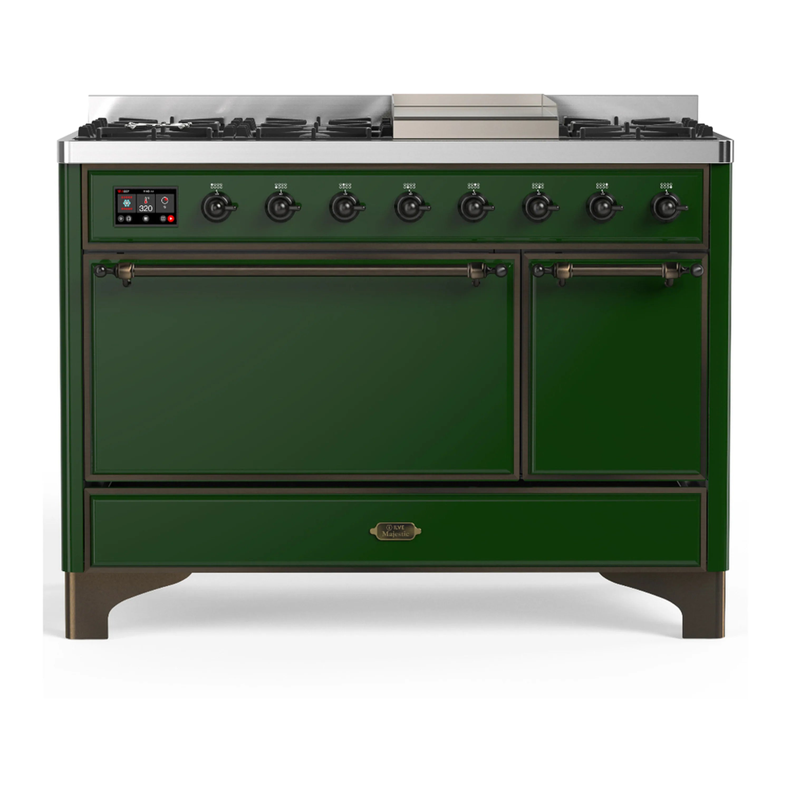 Emerald green dual fuel range with burner control panel and solid oven doors, burnished trim