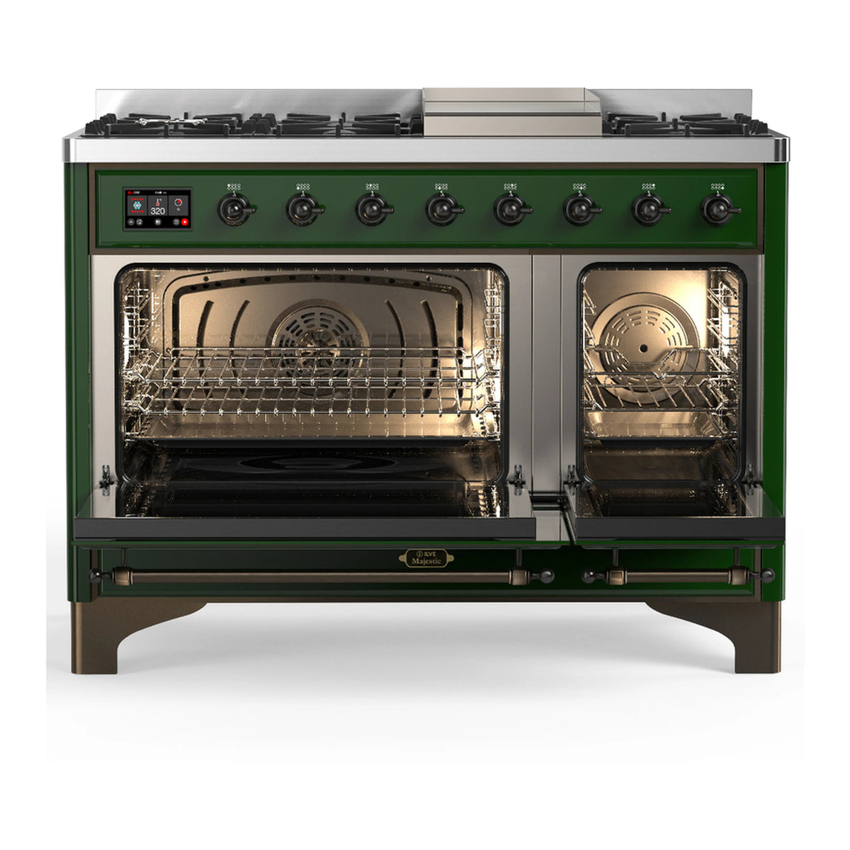Emerald green dual fuel range with open oven showing racks, burners above, burnished trim