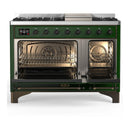 ILVE Majestic III 48-inch Dual Fuel Range with 5 Natural Gas Burner, Griddle and Solid Door Electric Oven in Emerald Green with Burnished Trim (UM48FQNR3EGB)