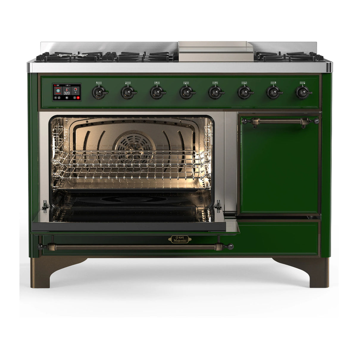 Emerald green dual fuel range with large open oven and broiler area, burners above