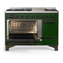 ILVE Majestic III 48-inch Dual Fuel Range with 5 Natural Gas Burner, Griddle and Solid Door Electric Oven in Emerald Green with Burnished Trim (UM48FQNR3EGB)