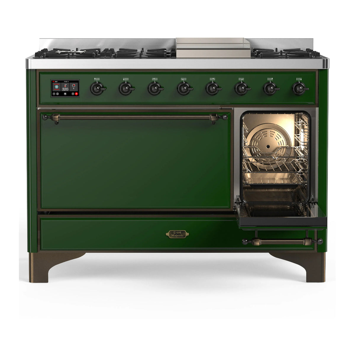 Emerald green dual fuel range with open oven door and visible interior light, front control panel