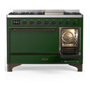 ILVE Majestic III 48-inch Dual Fuel Range with 5 Natural Gas Burner, Griddle and Solid Door Electric Oven in Emerald Green with Burnished Trim (UM48FQNR3EGB)