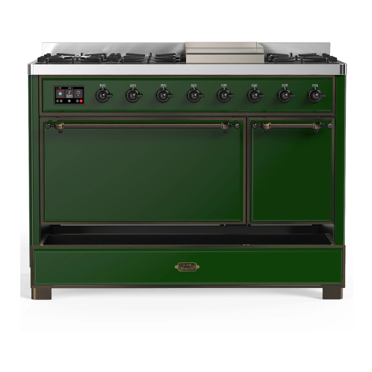 Emerald green dual fuel range with closed oven doors and burner knobs, burnished trim