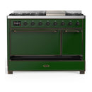ILVE Majestic III 48-inch Dual Fuel Range with 5 Natural Gas Burner, Griddle and Solid Door Electric Oven in Emerald Green with Burnished Trim (UM48FQNR3EGB)