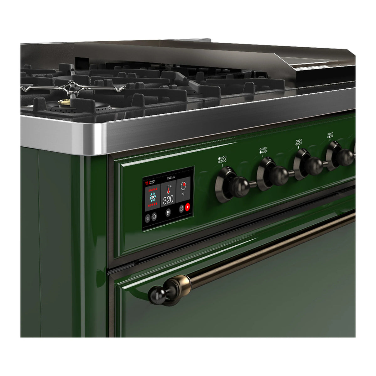 Emerald green dual fuel range control panel with lit display and black burner knobs
