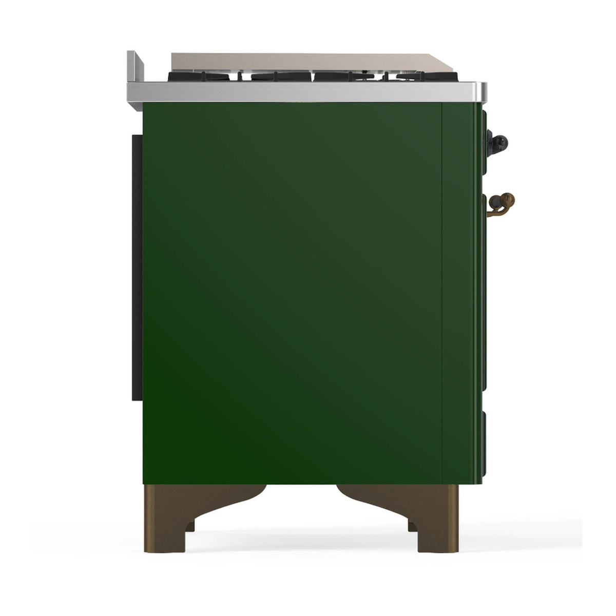 Emerald green griddle-side panel on dual fuel range with burnished trim and knobs