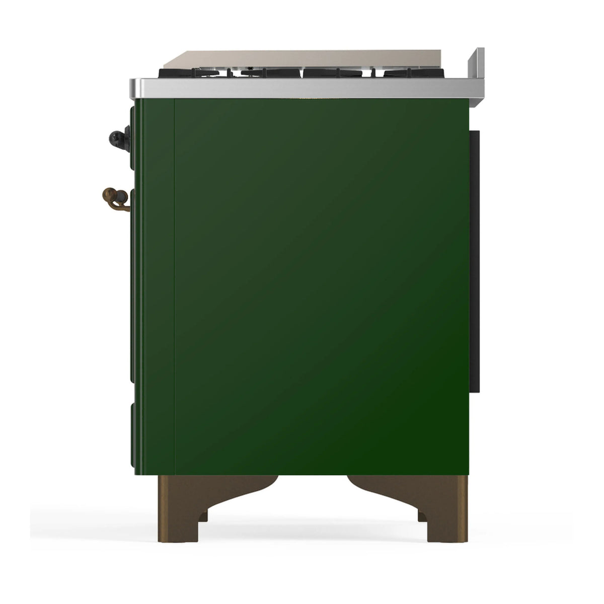 Emerald green griddle-side panel on dual fuel range with side handles and burnished base