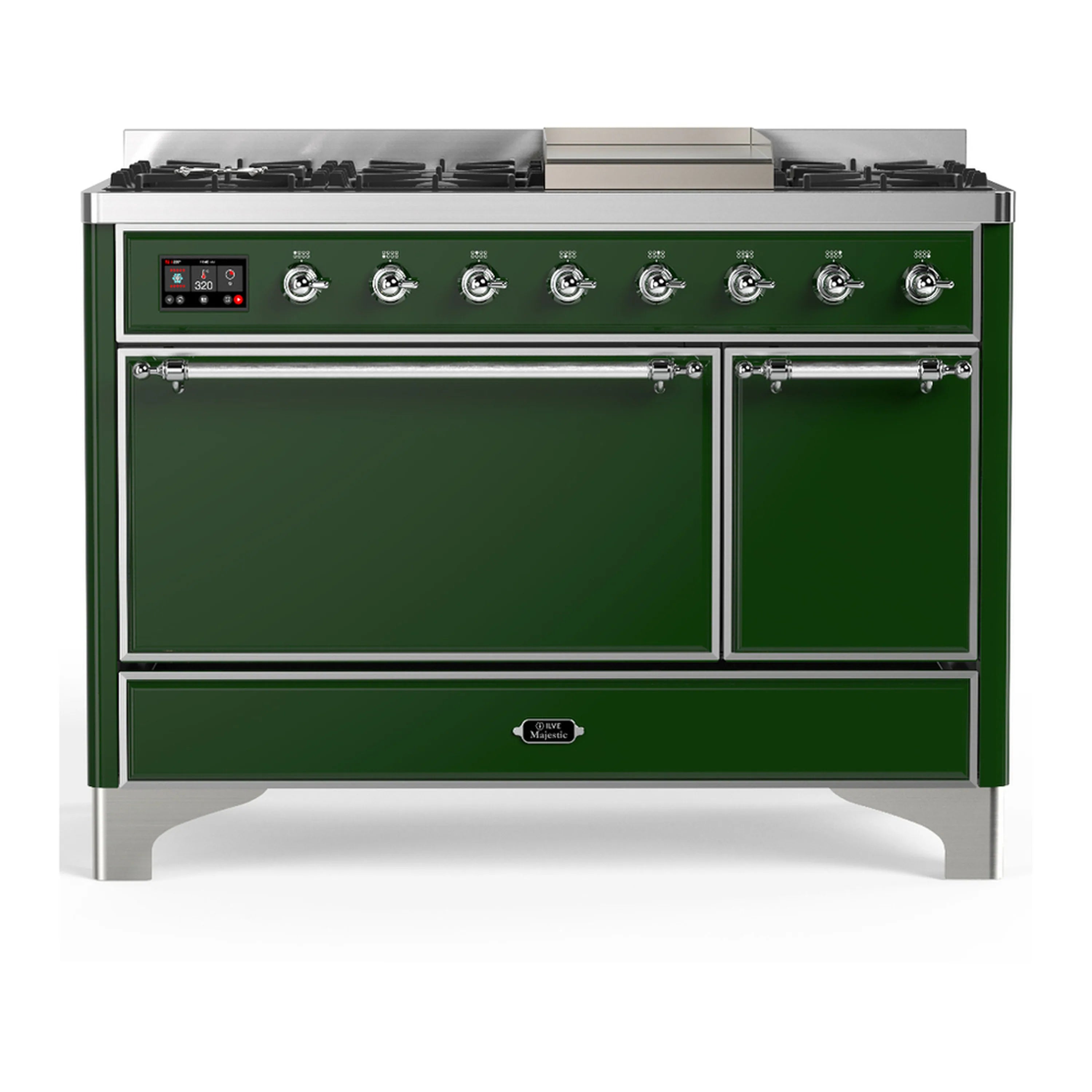 Emerald green dual fuel range front view with knobs, burners, and closed oven doors