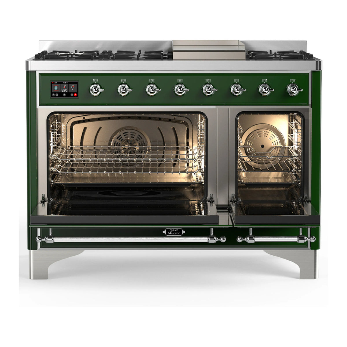 Emerald green dual fuel range with both ovens open, showing racks and interior