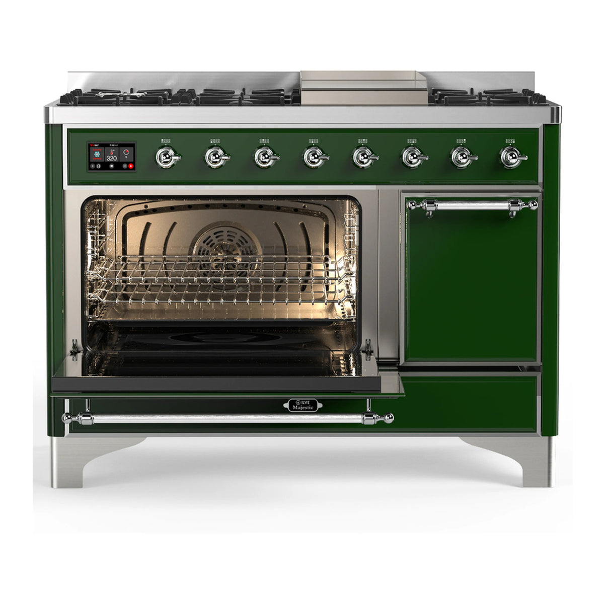 Emerald green dual fuel range with open oven door and visible wire racks inside