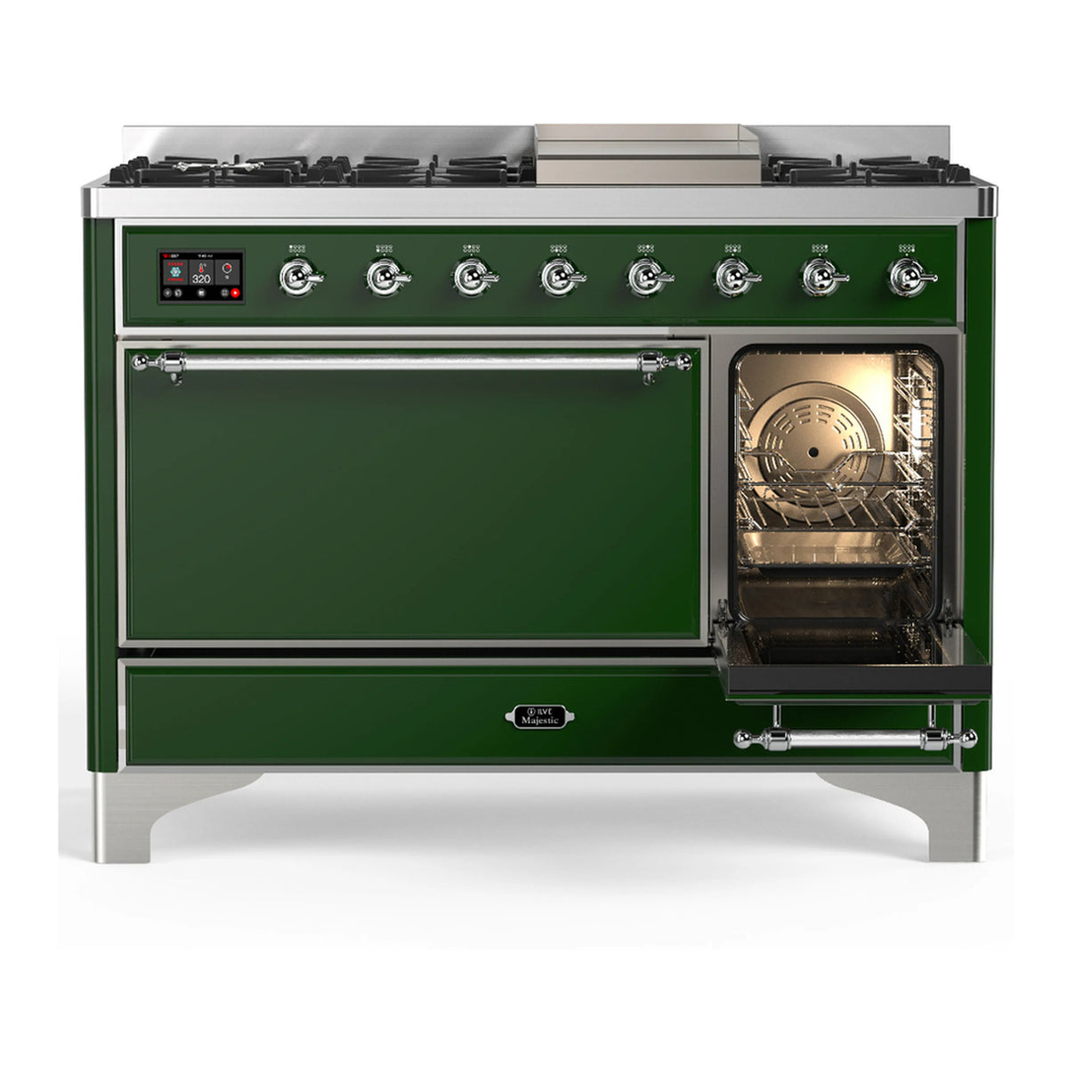 Emerald green dual fuel range with one oven door open, showing oven interior and racks