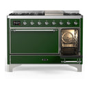 ILVE Majestic III 48-inch Dual Fuel Range with 5 Natural Gas Burner, Griddle and Solid Door Electric Oven in Emerald Green with Chrome Trim (UM48FQNR3EGC)