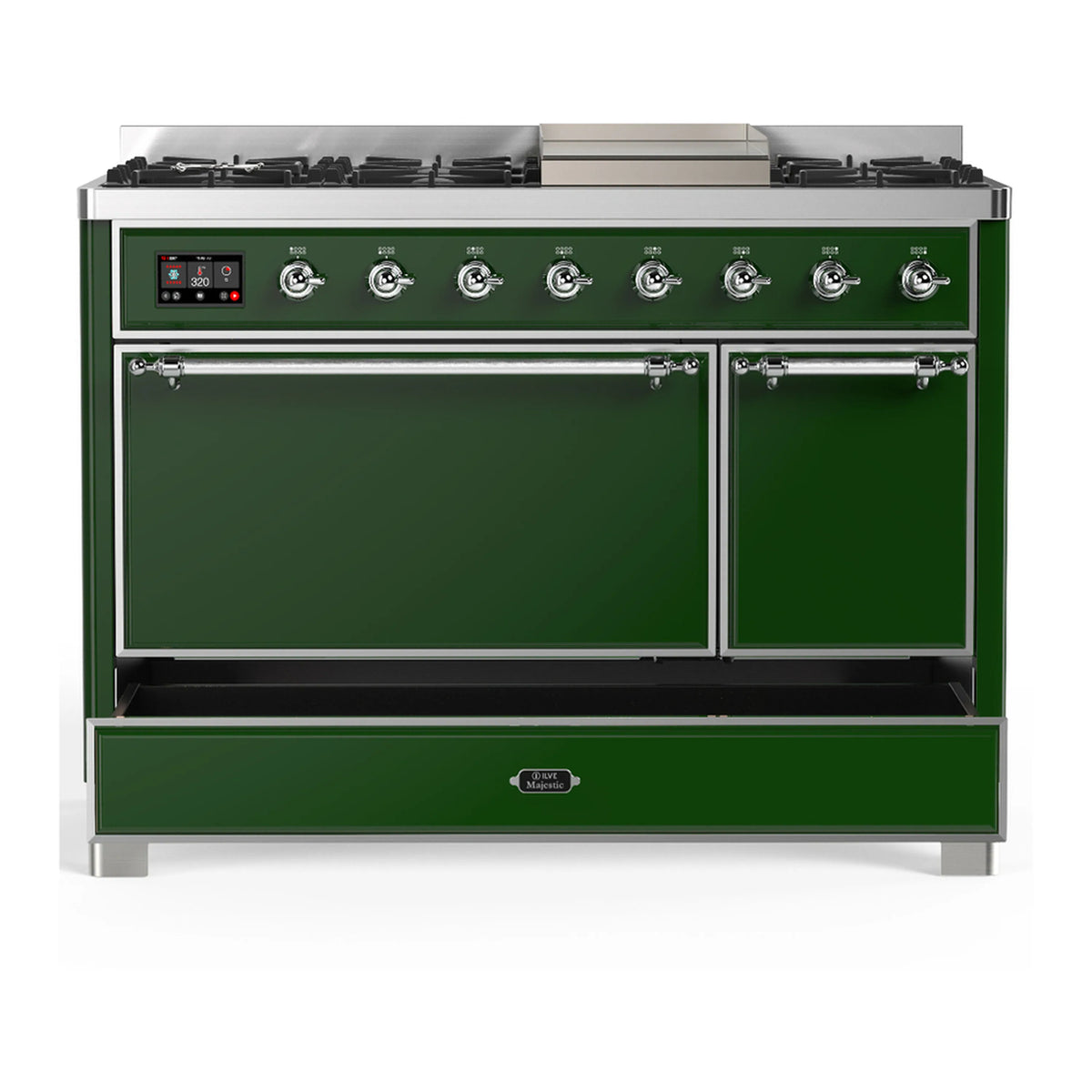 Emerald green dual fuel range with closed oven doors and front control knobs panel