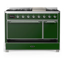 ILVE Majestic III 48-inch Dual Fuel Range with 5 Natural Gas Burner, Griddle and Solid Door Electric Oven in Emerald Green with Chrome Trim (UM48FQNR3EGC)