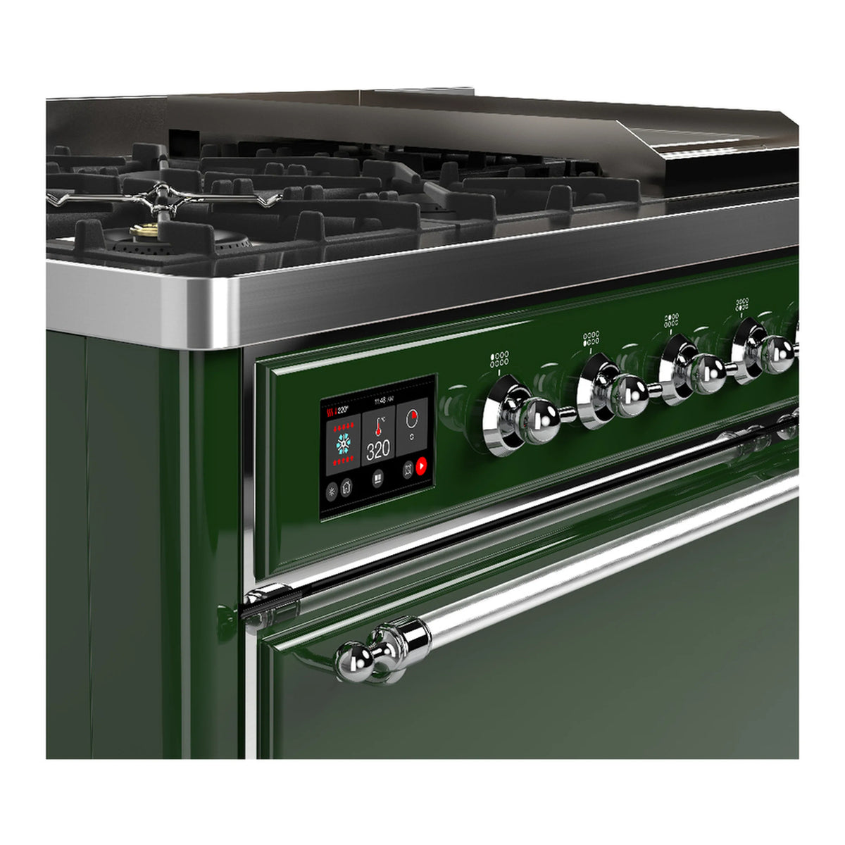 Emerald green range control panel with knobs and display, stainless trim and handle