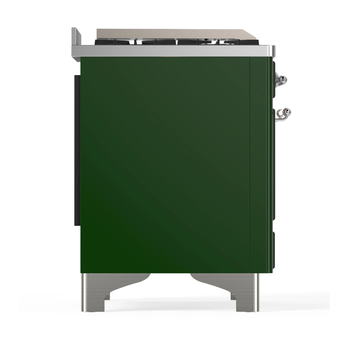 Emerald green dual fuel range side view with stainless feet and control knobs