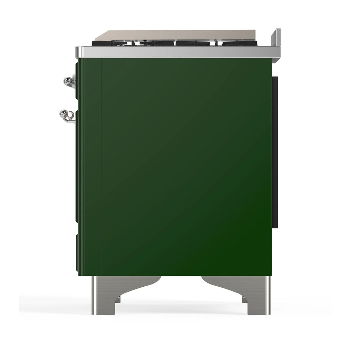 Emerald green dual fuel range angled rear view with stainless trim and connections