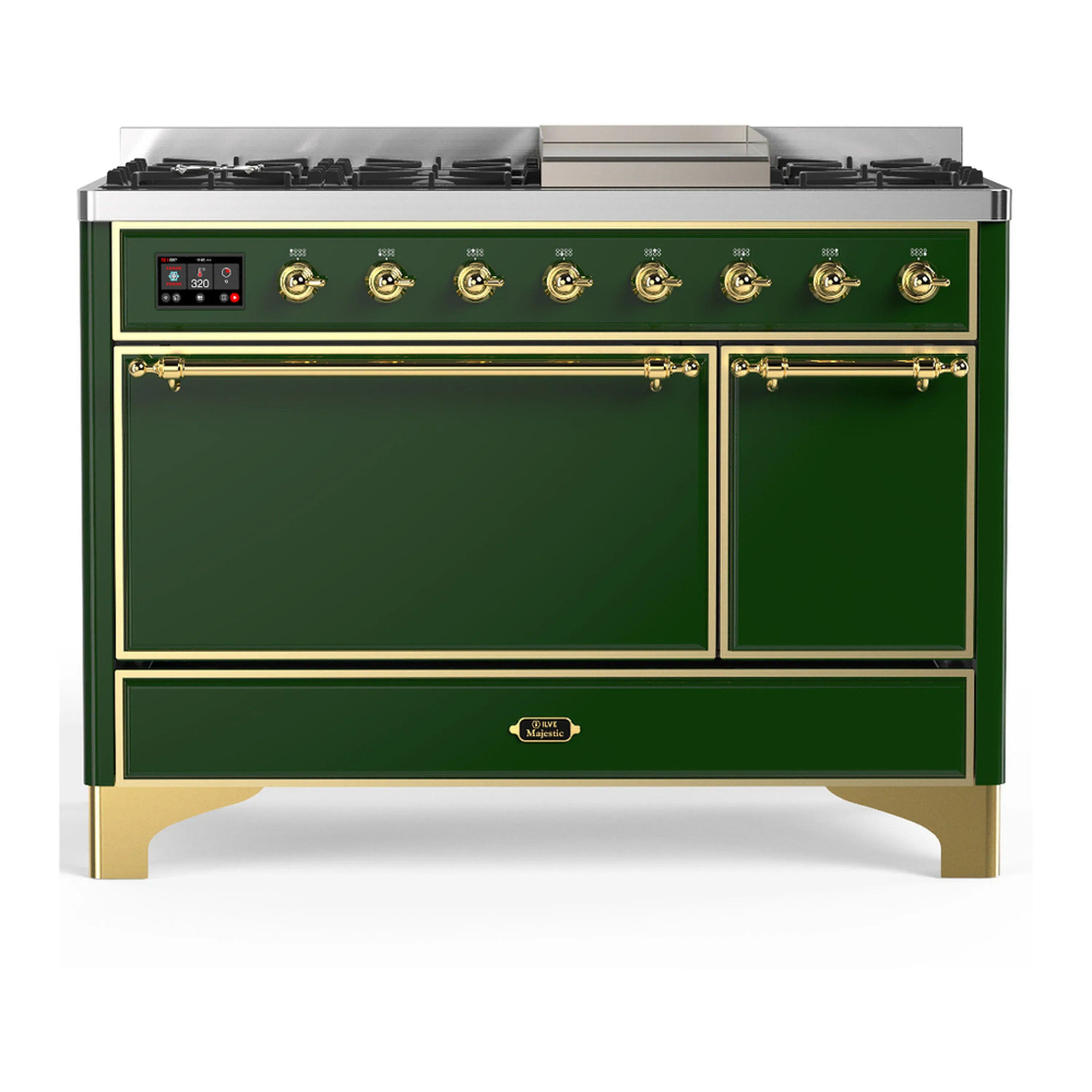 Emerald green dual fuel range with brass trim, two oven doors and burner knobs