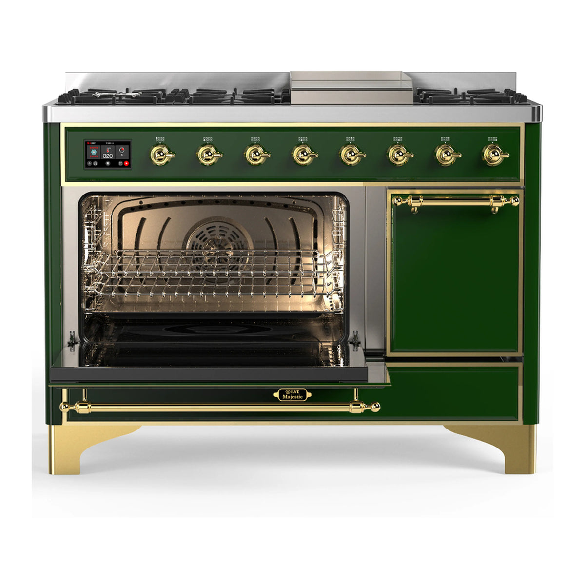 Emerald green dual fuel range with brass trim, open oven cavity and closed door
