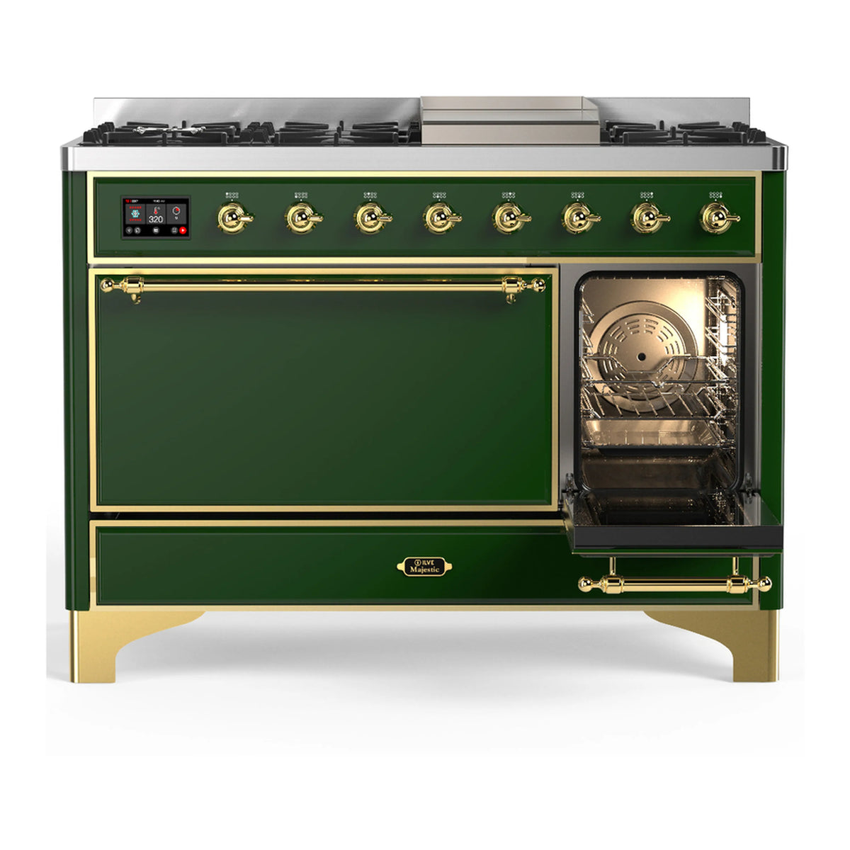Emerald green dual fuel range with brass trim, closed front panel and open oven