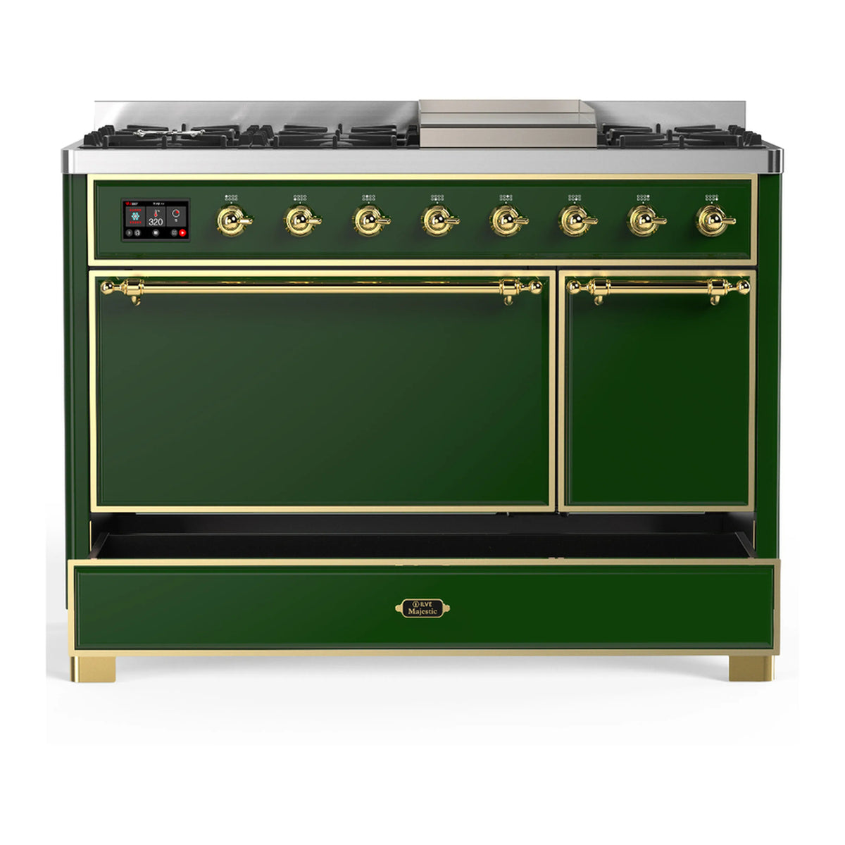 Emerald green dual fuel range with brass trim, two lower doors and control panel