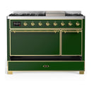 ILVE Majestic III 48-inch Dual Fuel Range with 5 Natural Gas Burner, Griddle and Solid Door Electric Oven in Emerald Green with Brass Trim (UM48FQNR3EGG)